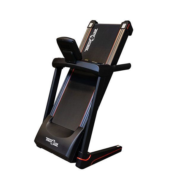 Treadmill with a black running deck, display console, and red accents on a white background