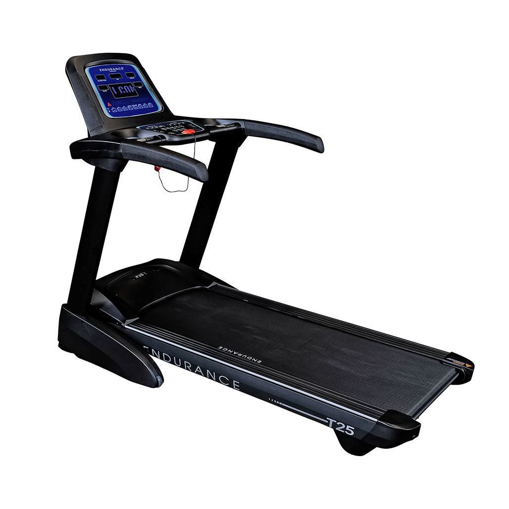 Black treadmill with blue-lit console on a white background
