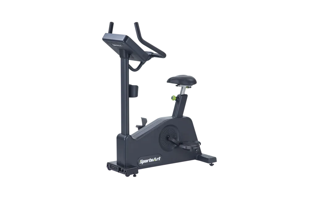 Black stationary exercise bike with handlebars and seat on a white background