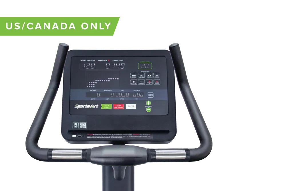 Black stationary exercise bike with handlebars and seat on a white background