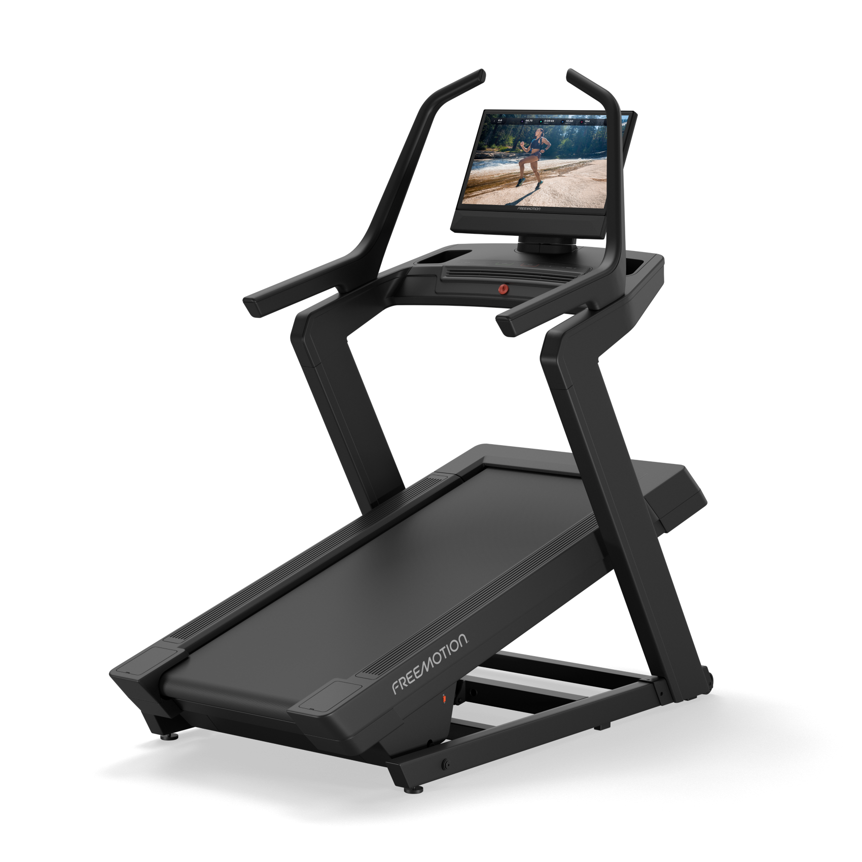 Black treadmill with handrails and built-in display screen on a white background
