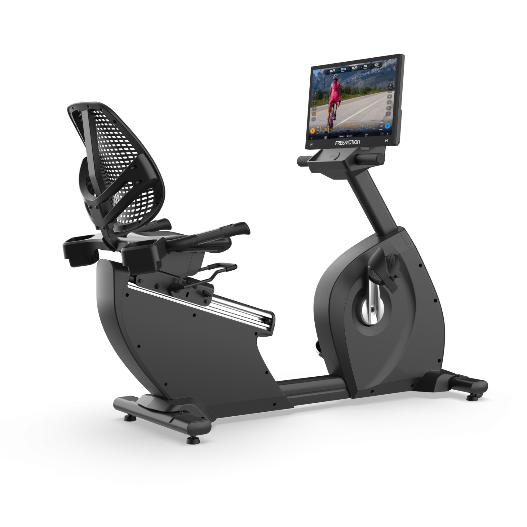 Black stationary exercise bike with backrest and touchscreen console on a white background