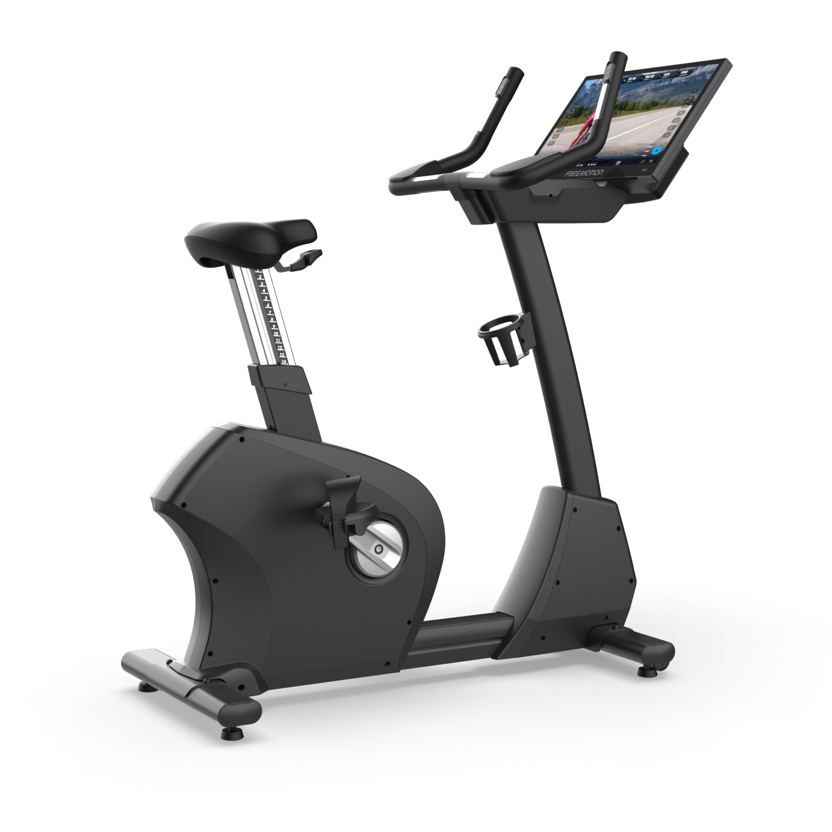 Black stationary exercise bike with seat, handlebars, and digital console on a white background