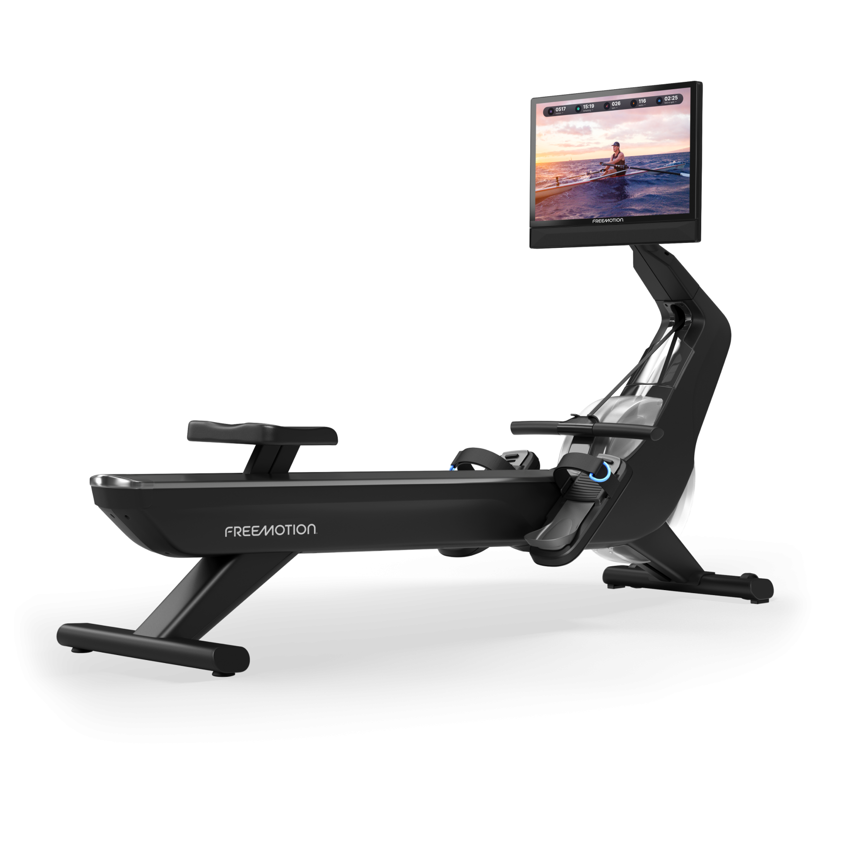 Black rowing machine with screen, seat, and footrests on a white background