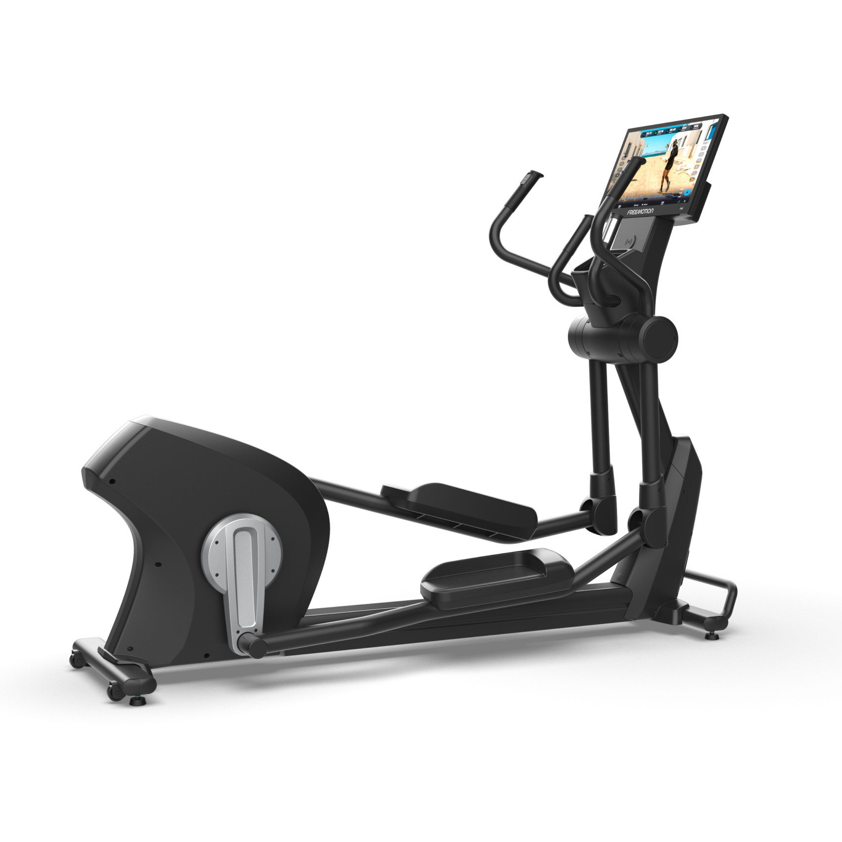 Black elliptical exercise machine with handles and a tablet display on a white background