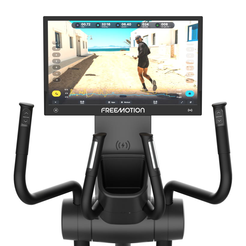 Black elliptical exercise machine with handles and a tablet display on a white background