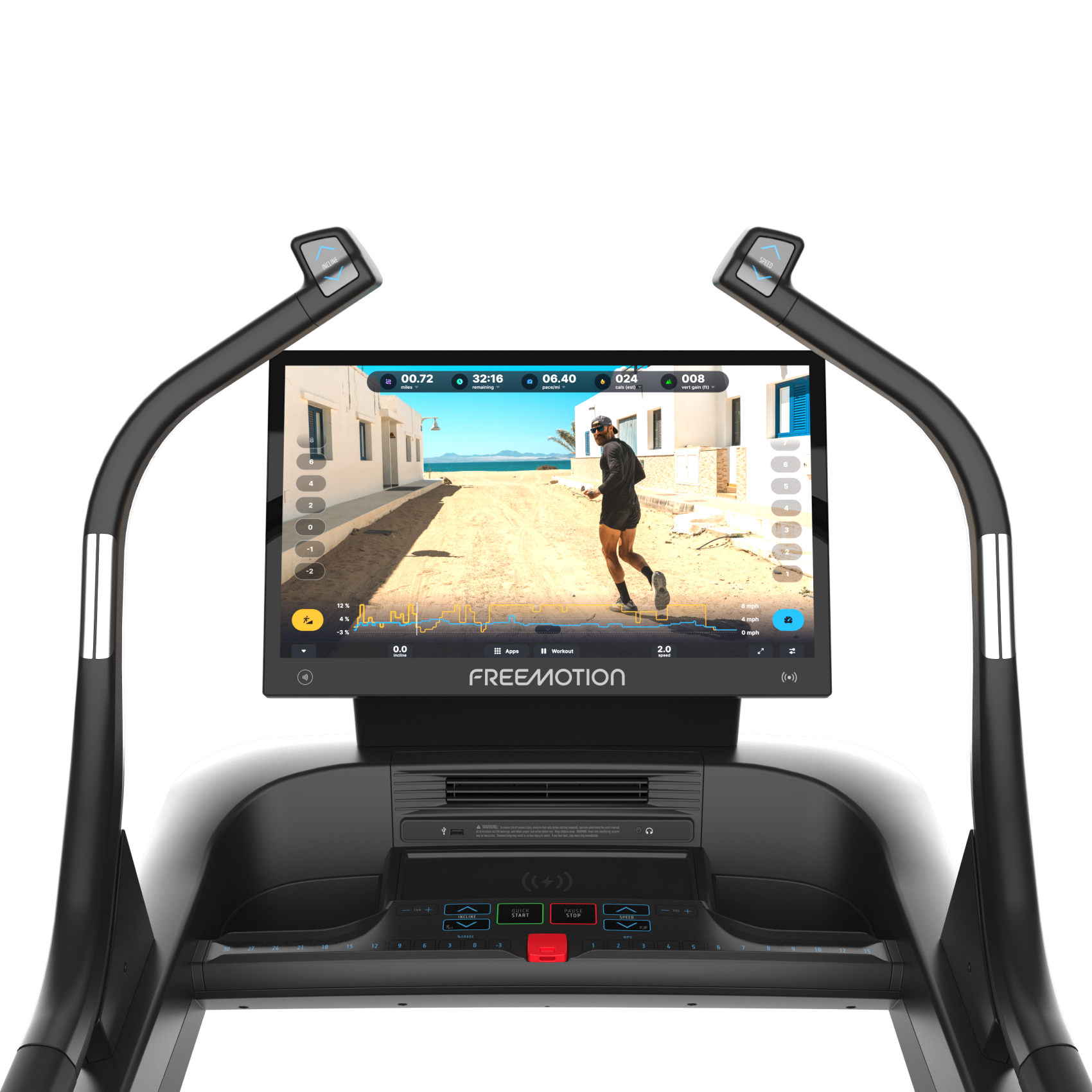 Black treadmill with touchscreen console and handrails, shown in a side view on a white background