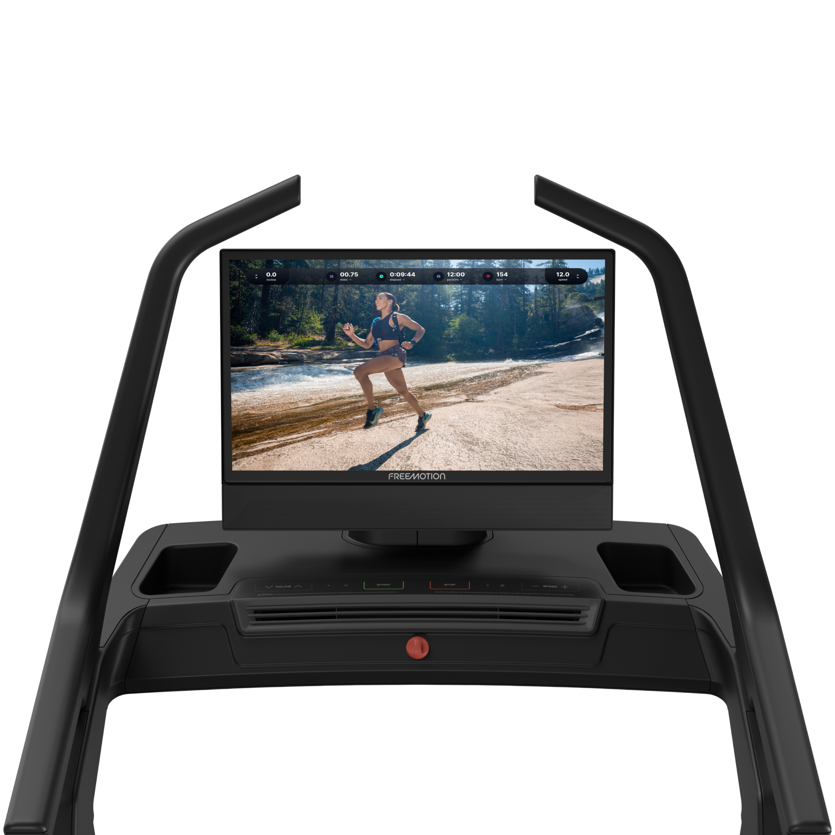 Black treadmill with handrails and built-in display screen on a white background