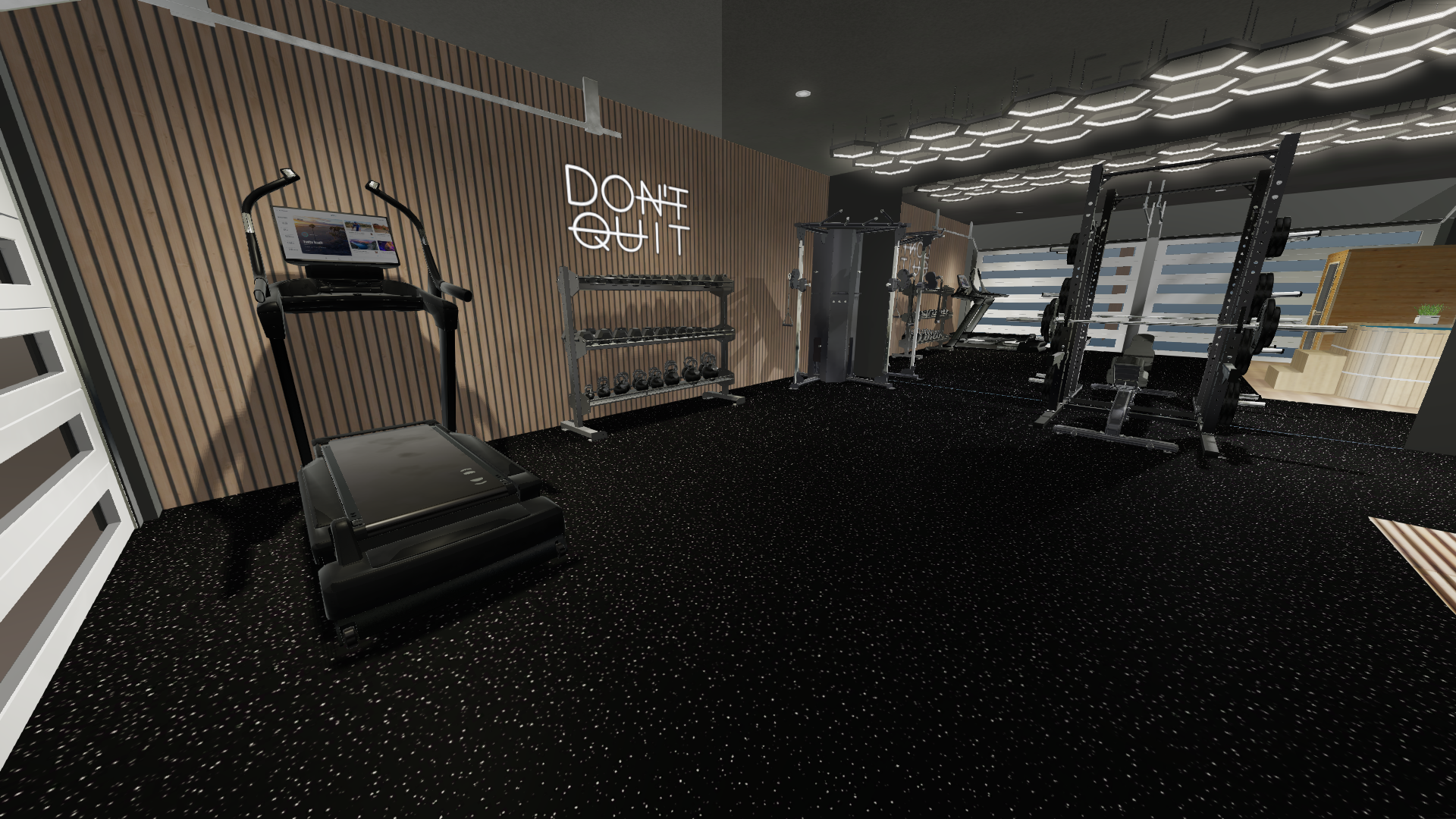 Modern gym interior with treadmills, weight equipment, and large windows overlooking city lights.