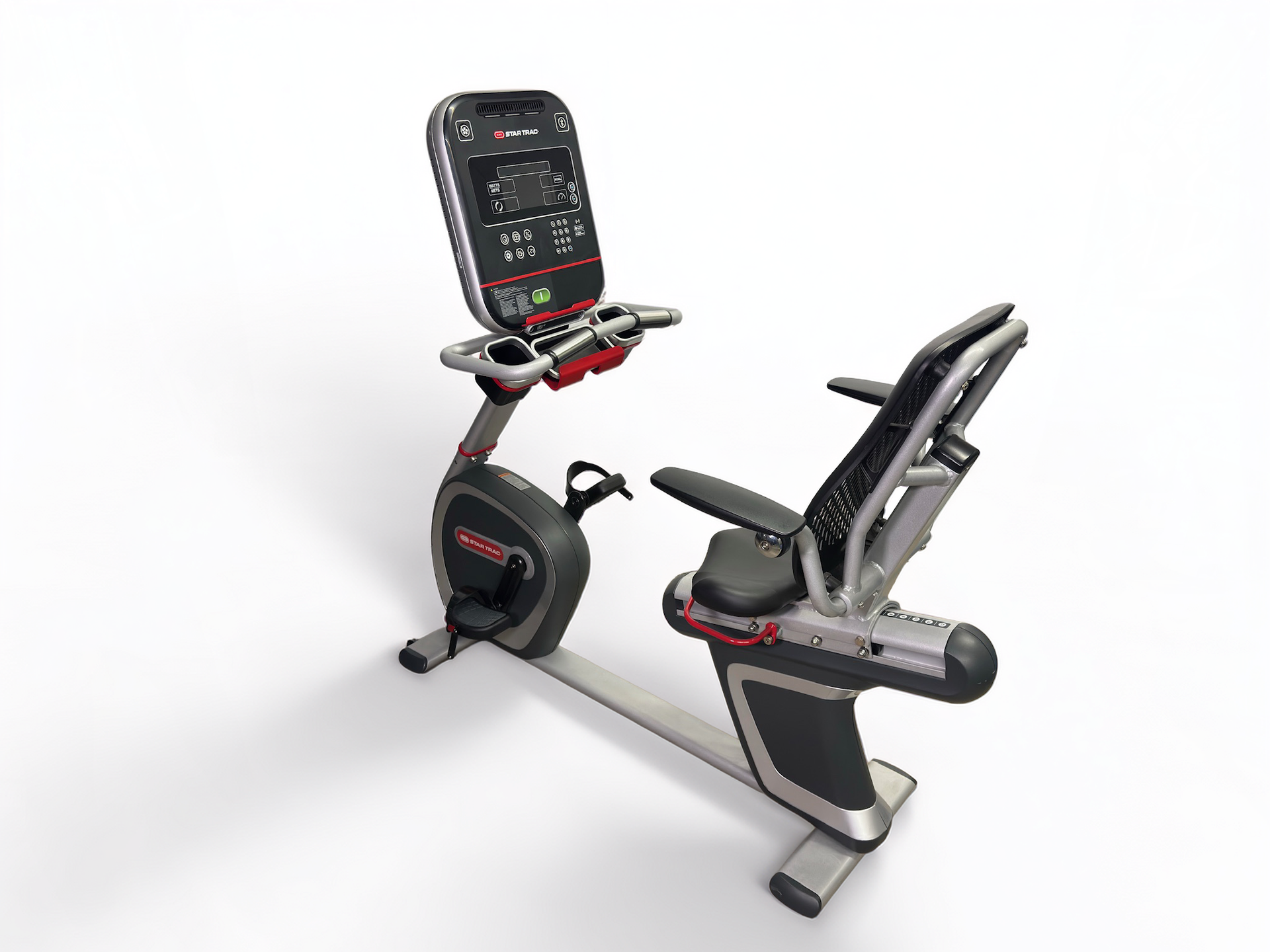 Modern stationary exercise bike with console and seat, shown in gray and black on a white background