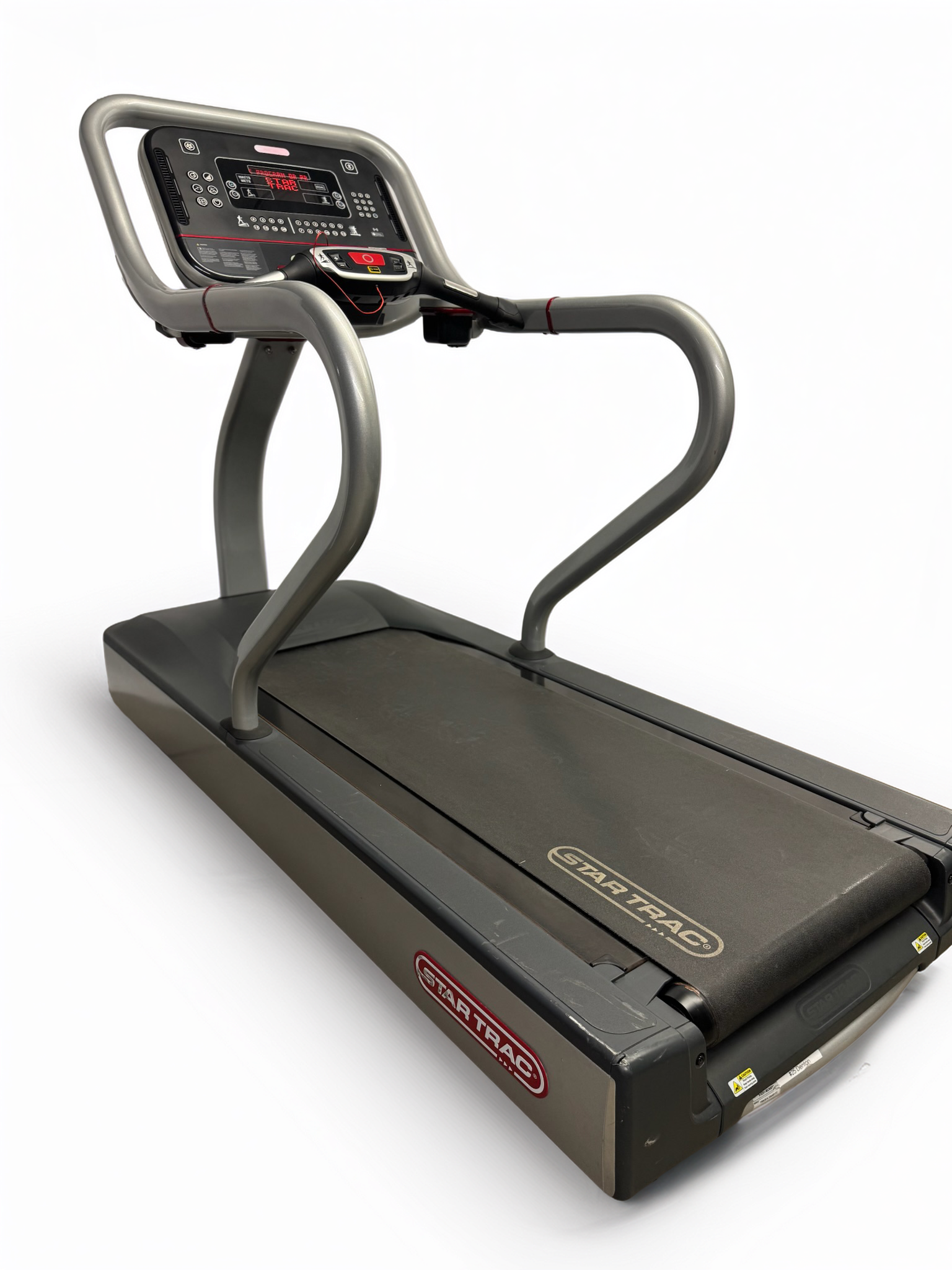 Black treadmill with curved handrails and digital console, shown on a white background