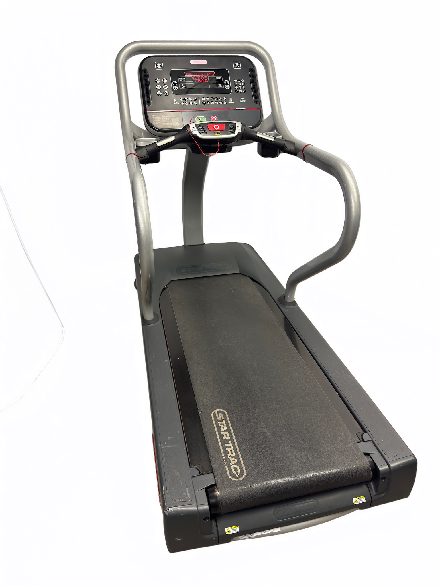 Black treadmill with curved handrails and digital console, shown on a white background