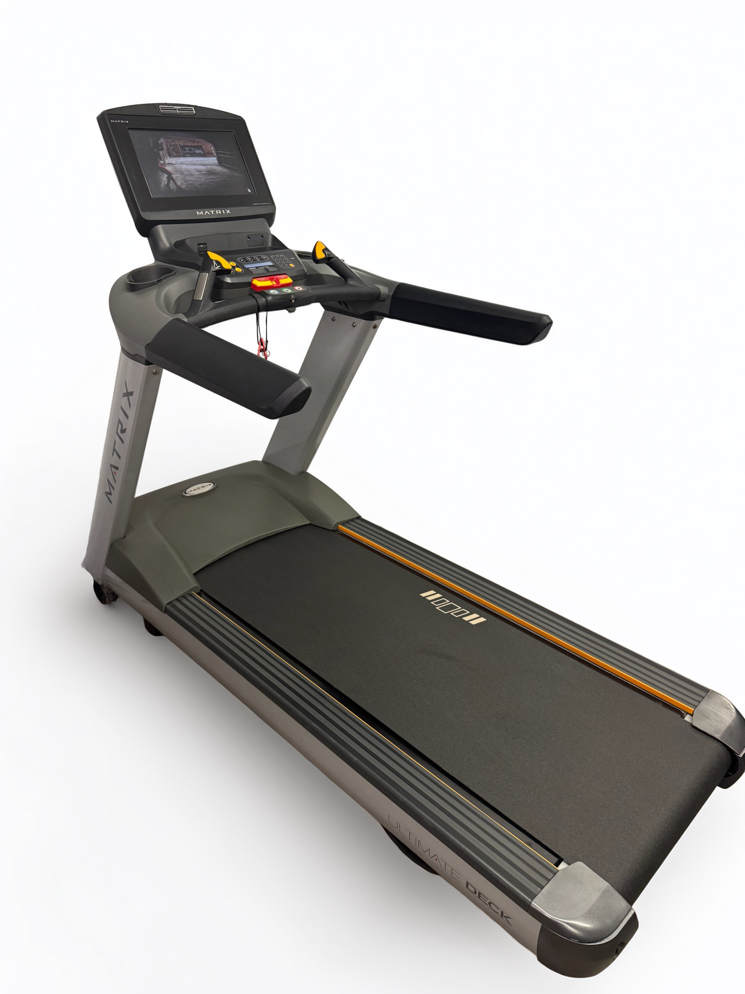 Black treadmill with console and handrails, shown on a white background.
