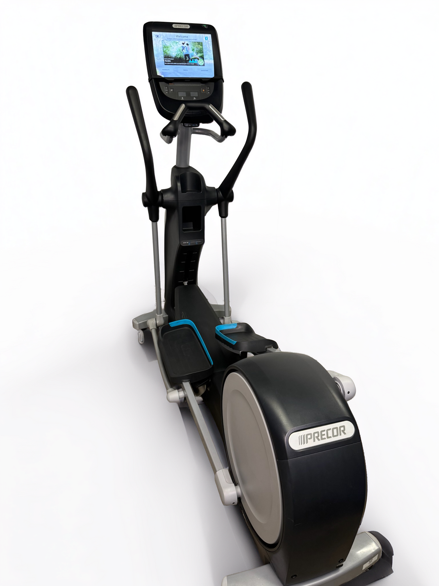 Elliptical exercise machine with black frame, blue accents, and a digital display on a white background