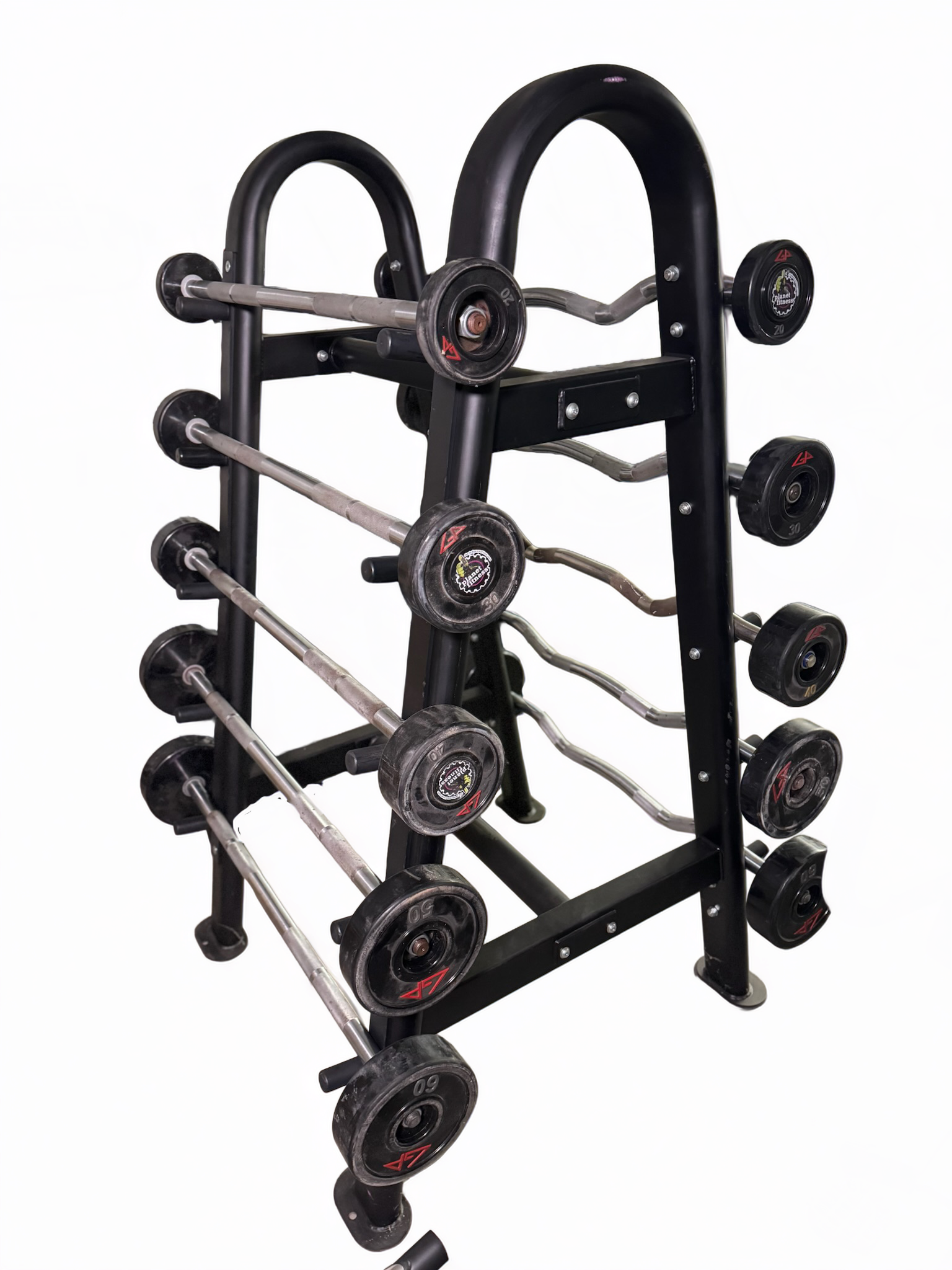Black metal barbell rack with circular cutouts holding several barbells on display.