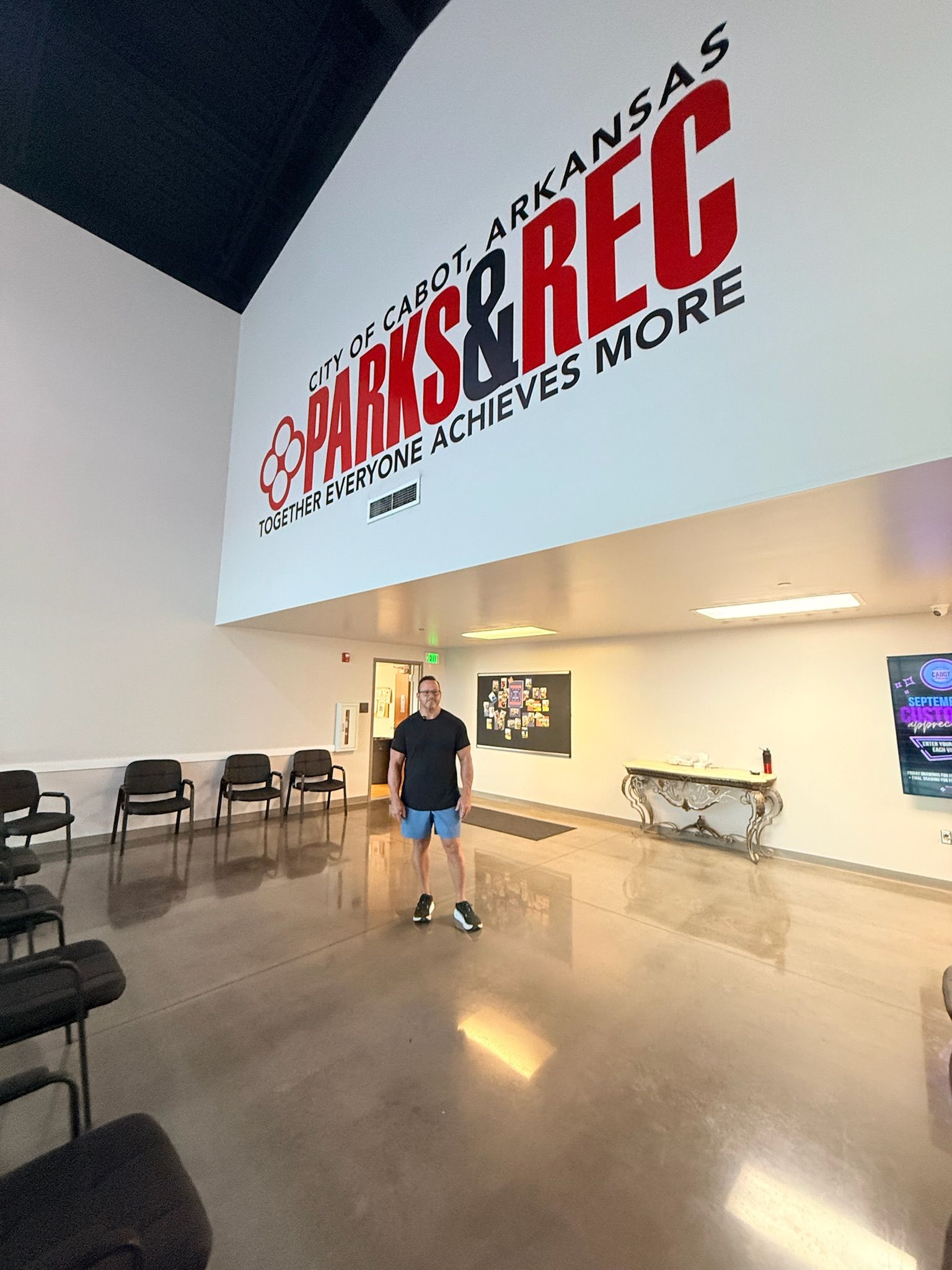 Cabot's indoor recreation center lobby with a large 