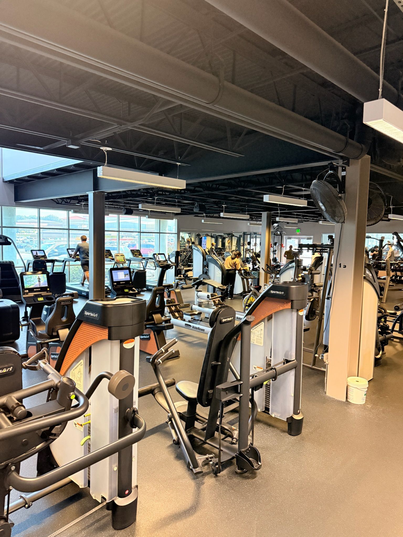 Modern gym interior with rows of exercise machines and large windows overlooking outdoors
