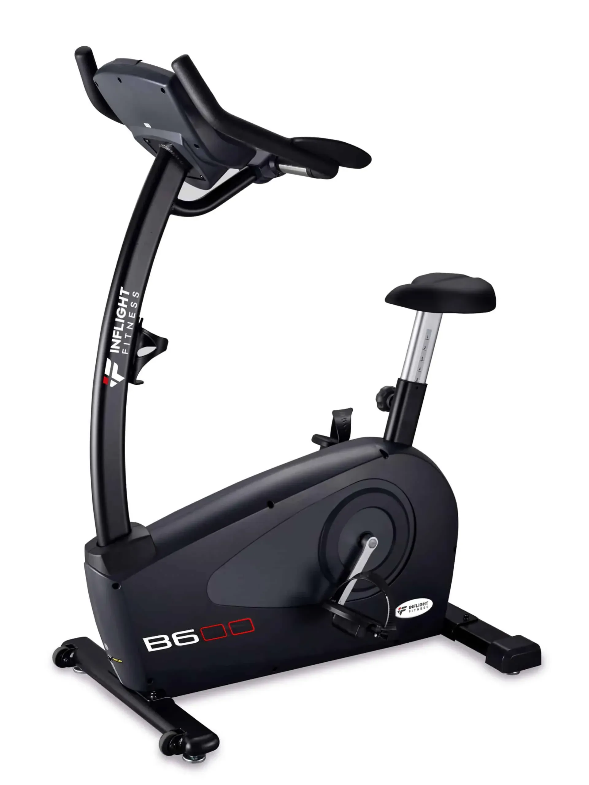 Black upright bike on a white background