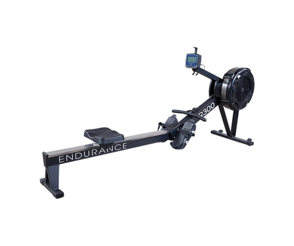 Black Endurance rowing machine on white background with seat, handle, footrests, and display monitor