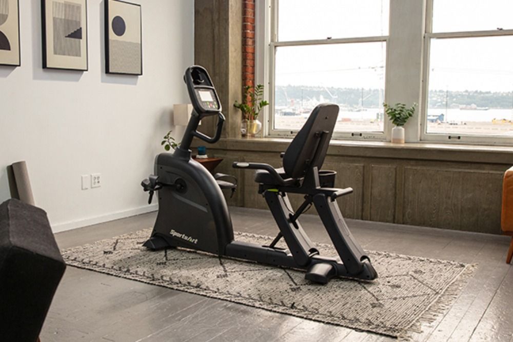 Modern stationary exercise bike  in a bright room with large window and city view
