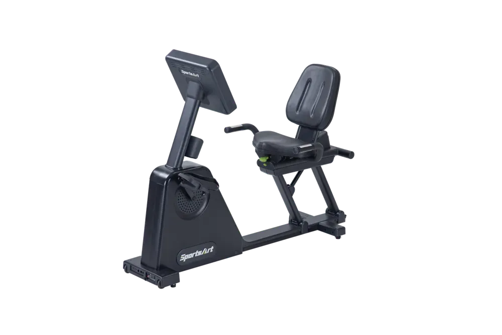 Black recumbent exercise bike with digital display and padded seat on a white background