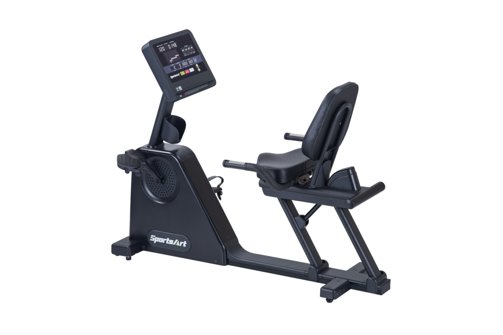 Black recumbent exercise bike with digital display and padded seat on a white background