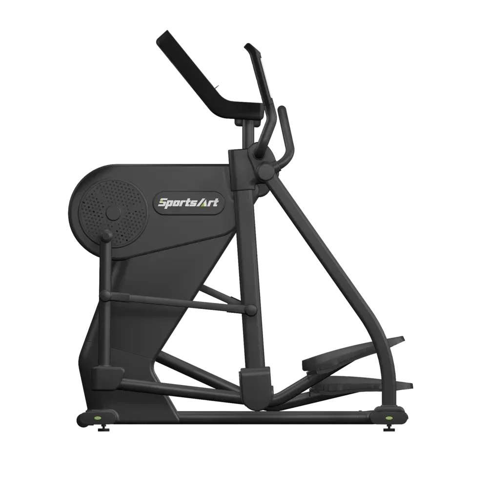 Black elliptical fitness machine with digital console and handlebars on a white background