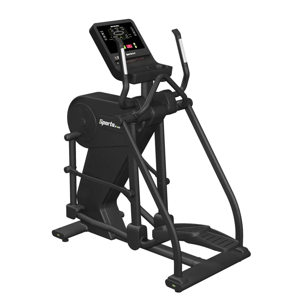 Black elliptical fitness machine with digital console and handlebars on a white background