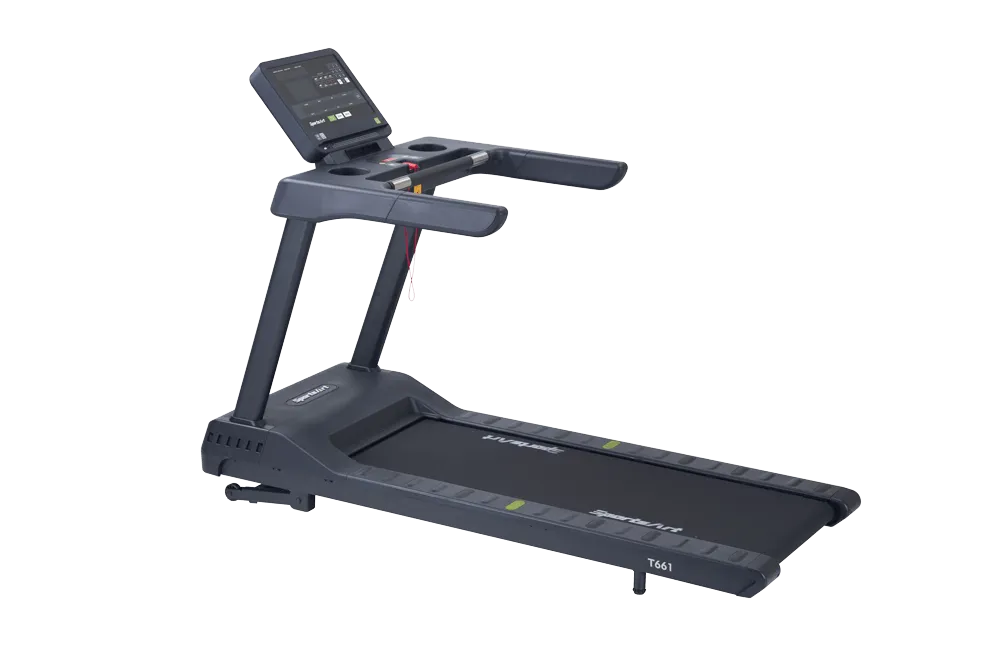 Black treadmill with display console and handrails, shown on a white background