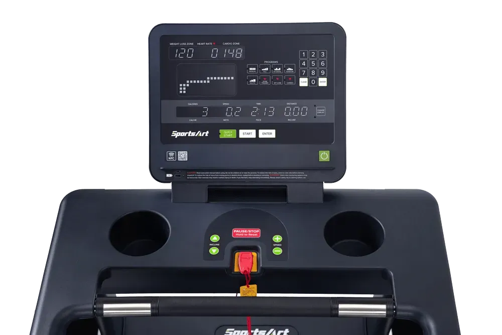Black treadmill with display console and handrails, shown on a white background