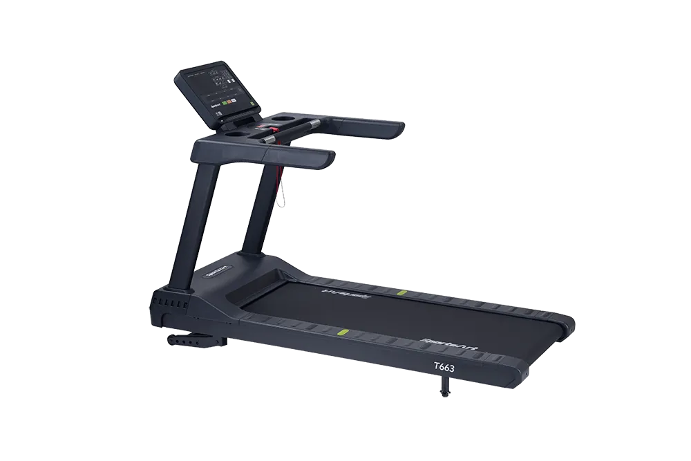Black treadmill with digital console and handrails on a white background