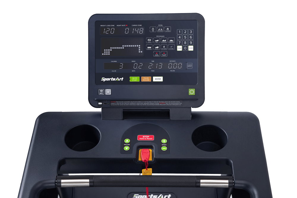 Black treadmill with digital console and handrails on a white background