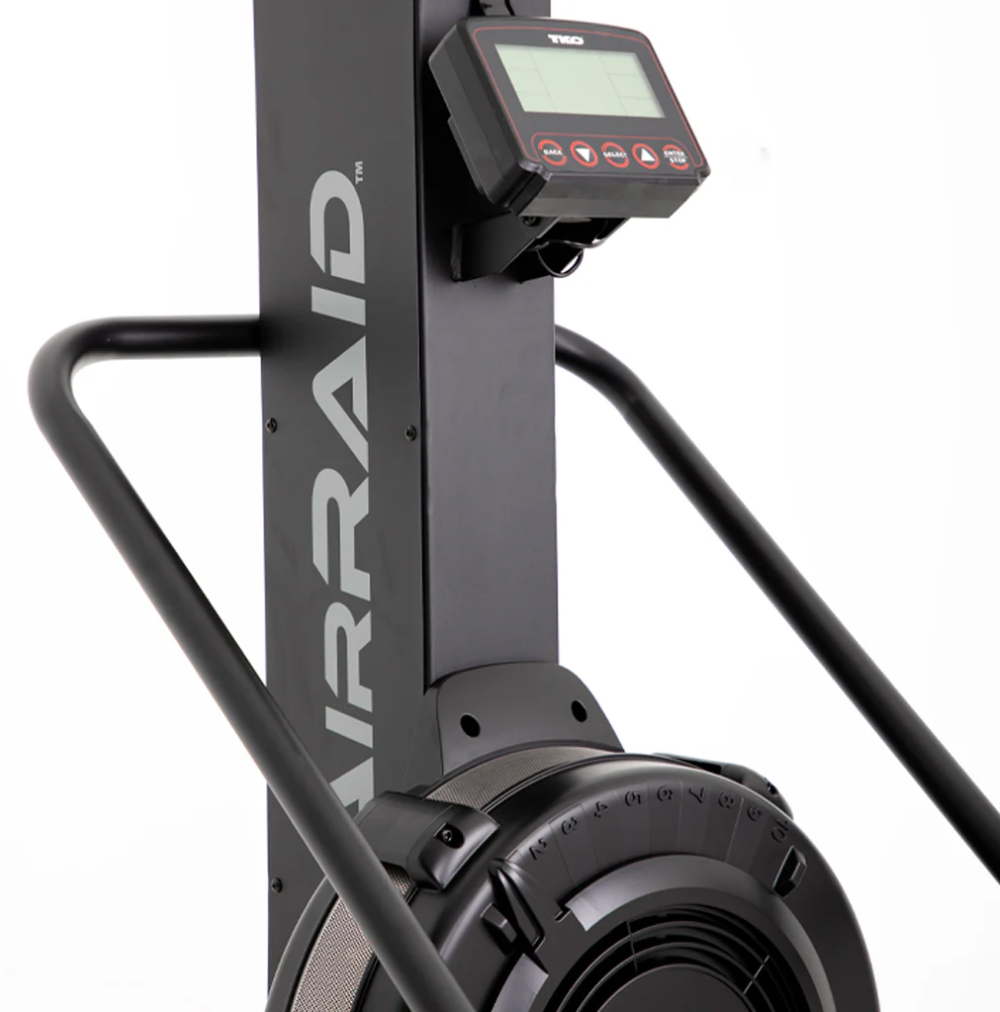 Black exercise machine with handlebars and platform, shown on a white background