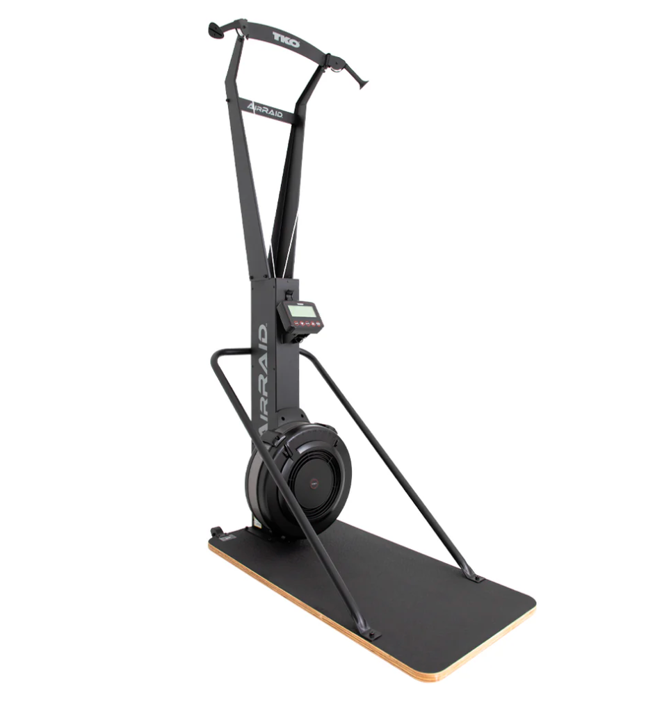 Black exercise machine with handlebars and platform, shown on a white background