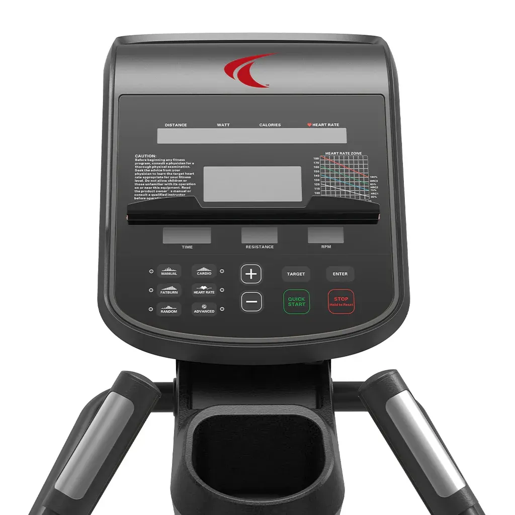 Black elliptical exercise machine with display console on a white background