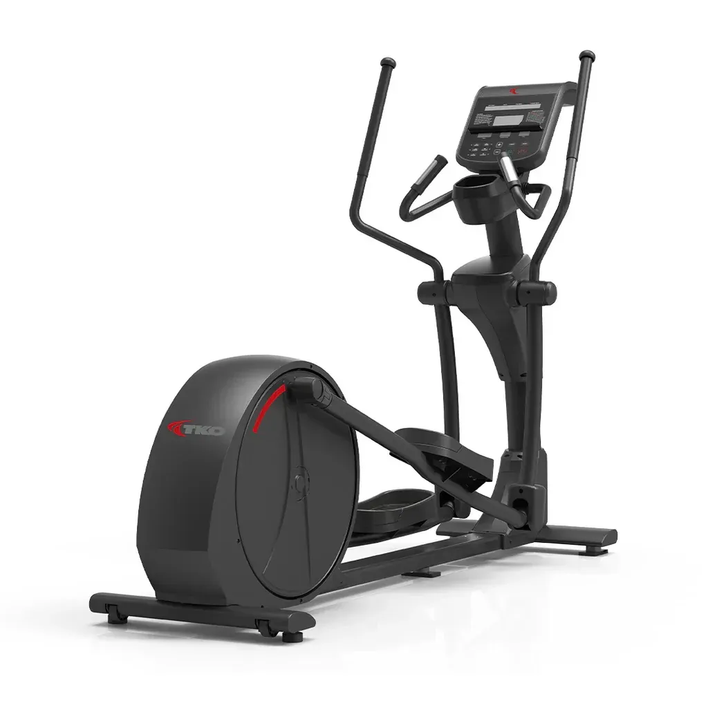 Black elliptical exercise machine with display console on a white background