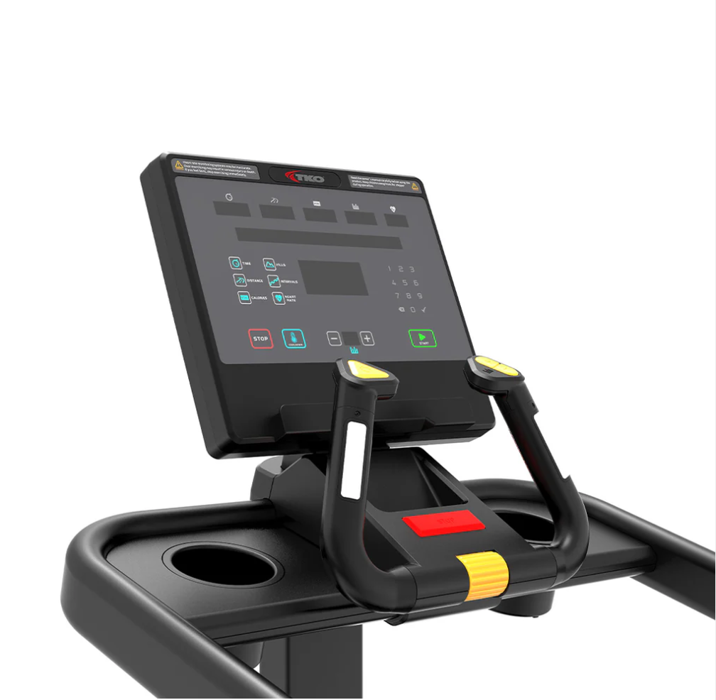 Black stair-climbing treadmill with handrails and digital display, shown in profile on a white background