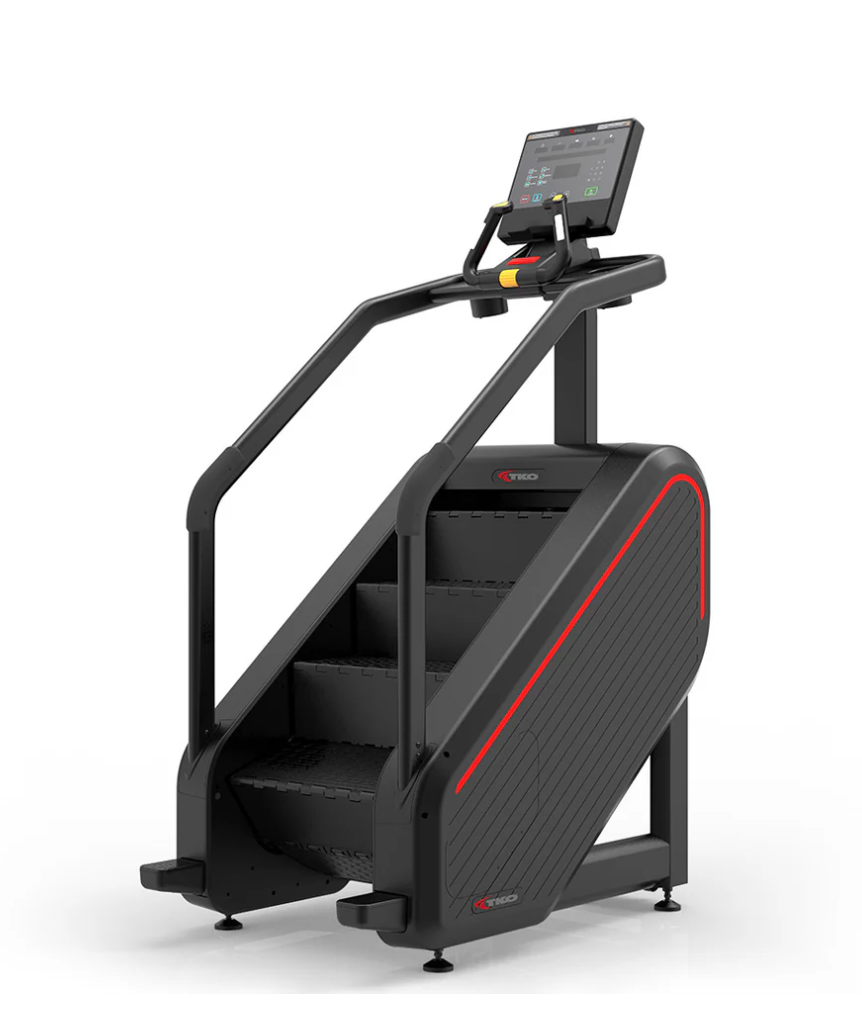 Black stair-climbing treadmill with handrails and digital display, shown in profile on a white background