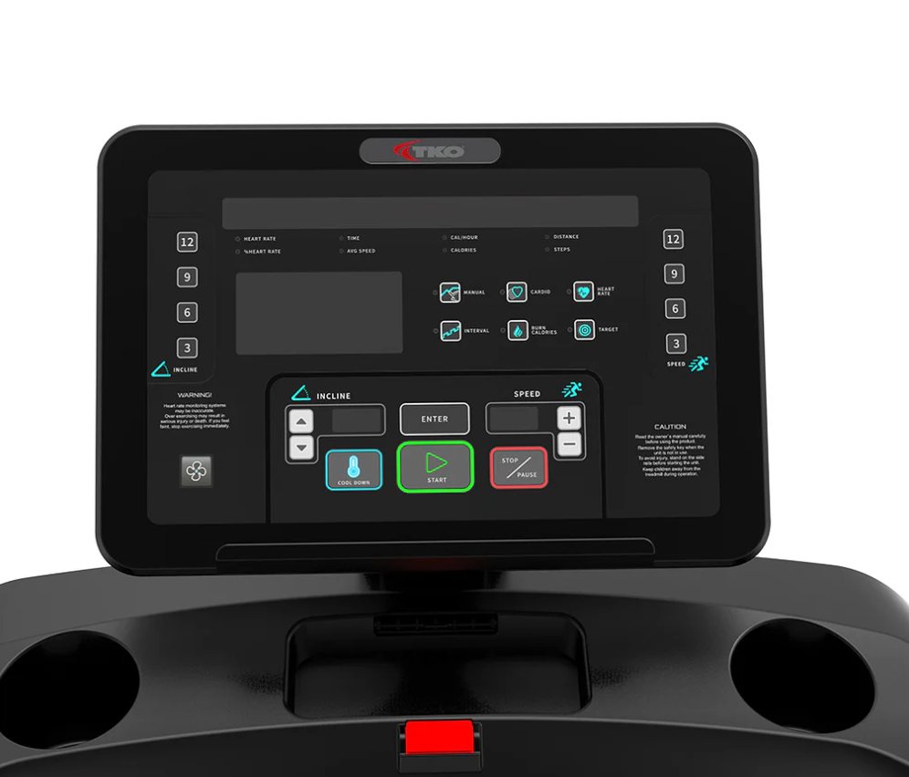 Black treadmill with console and handrails on a white background