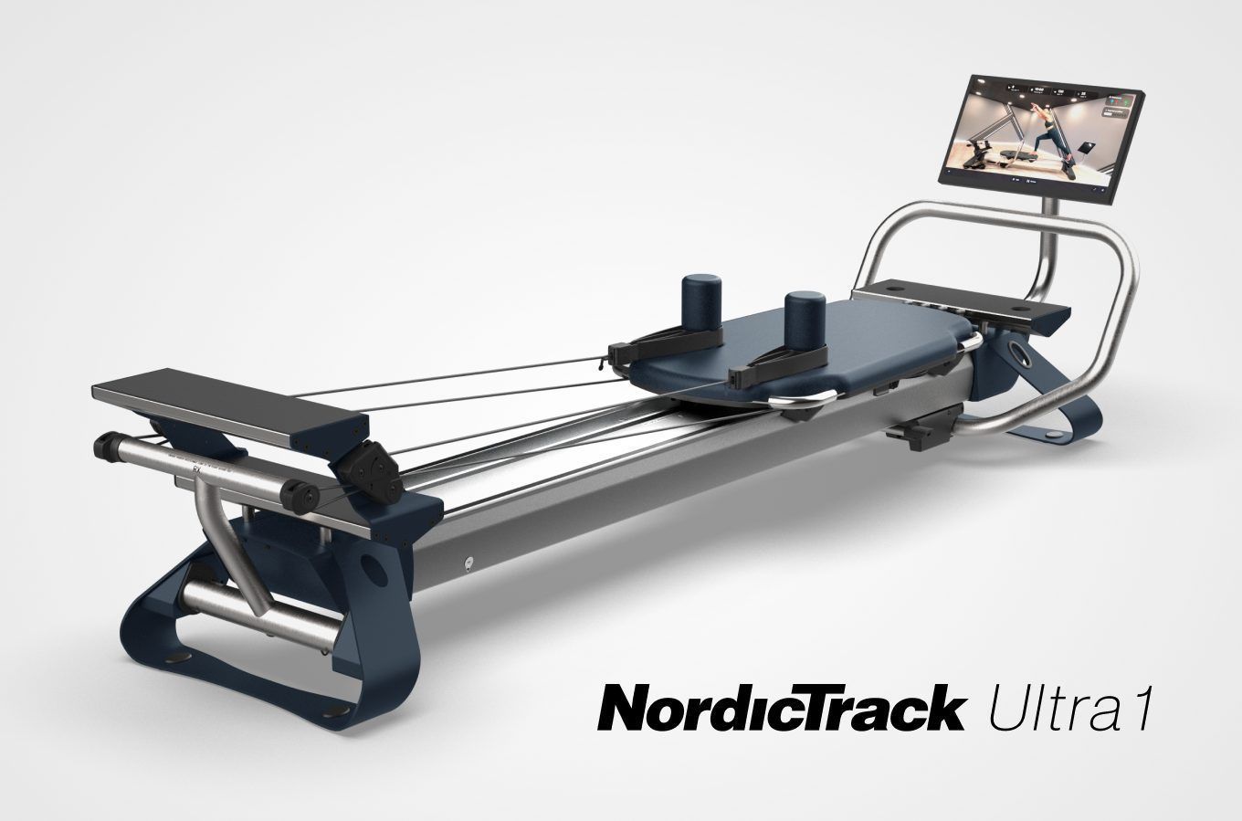 NordicTrack Ultra pilates machine with monitor on a white background