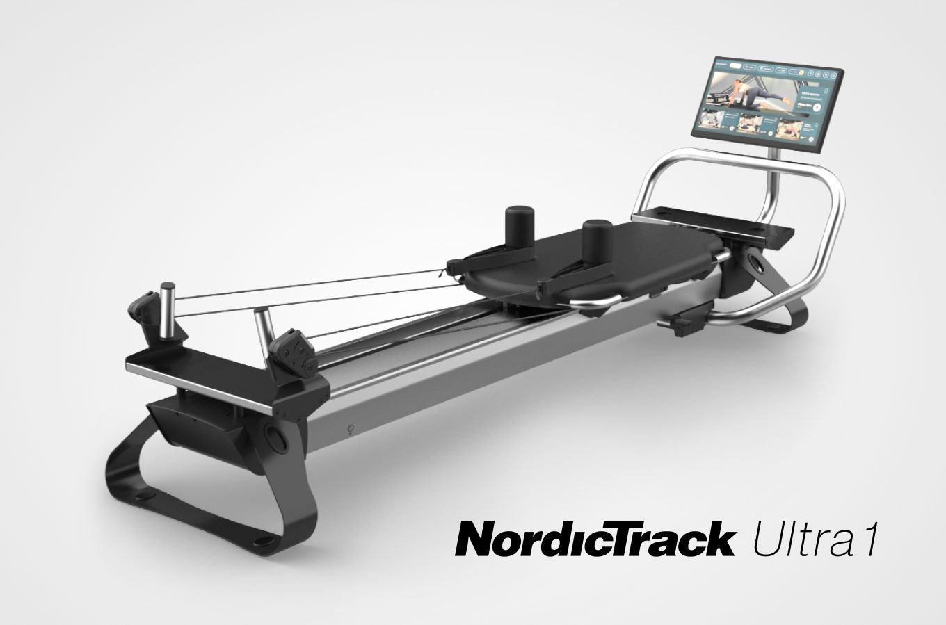 NordicTrack Ultra 1 pilates machine with black frame, seat, and digital display screen