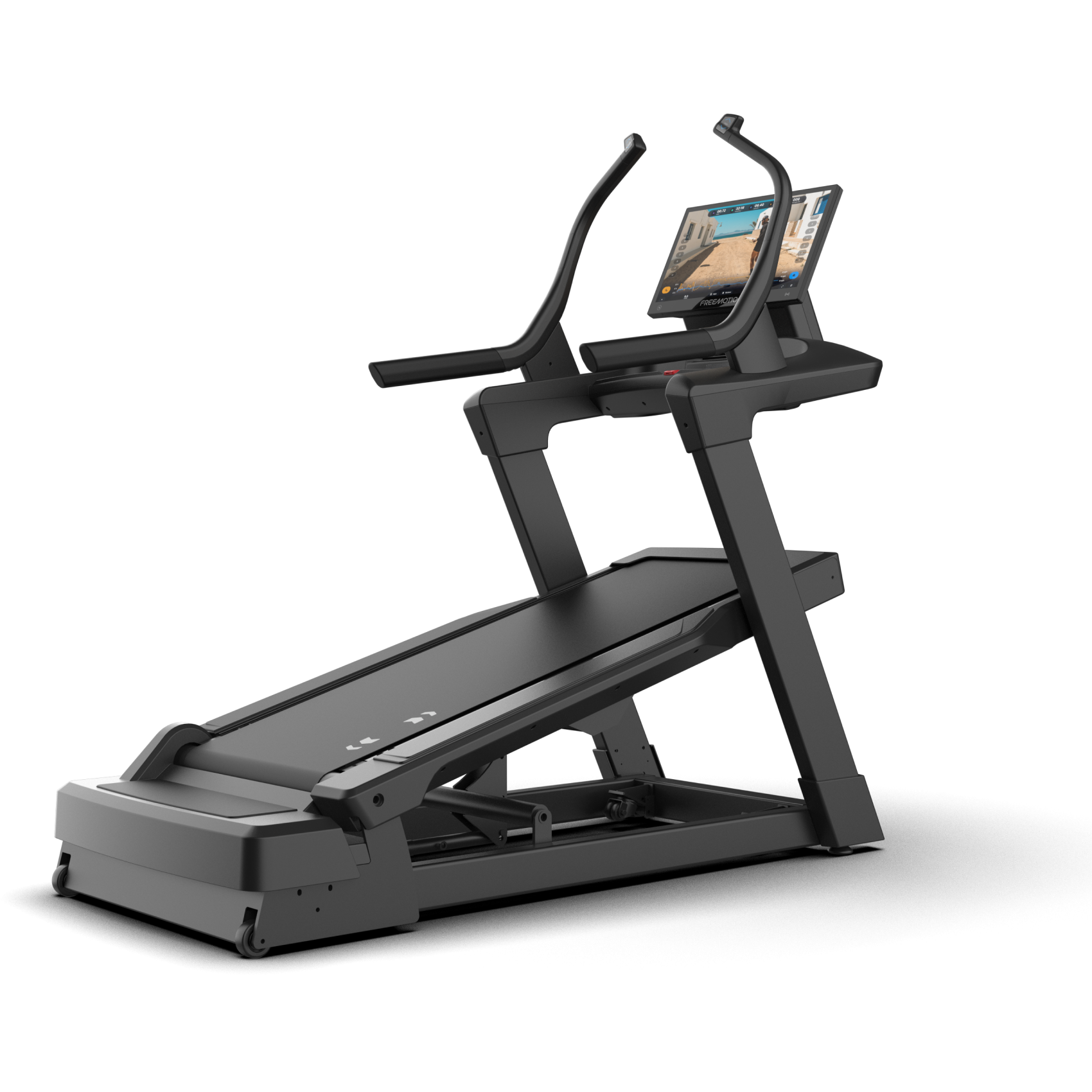 Black treadmill with touchscreen console and handrails, shown in a side view on a white background