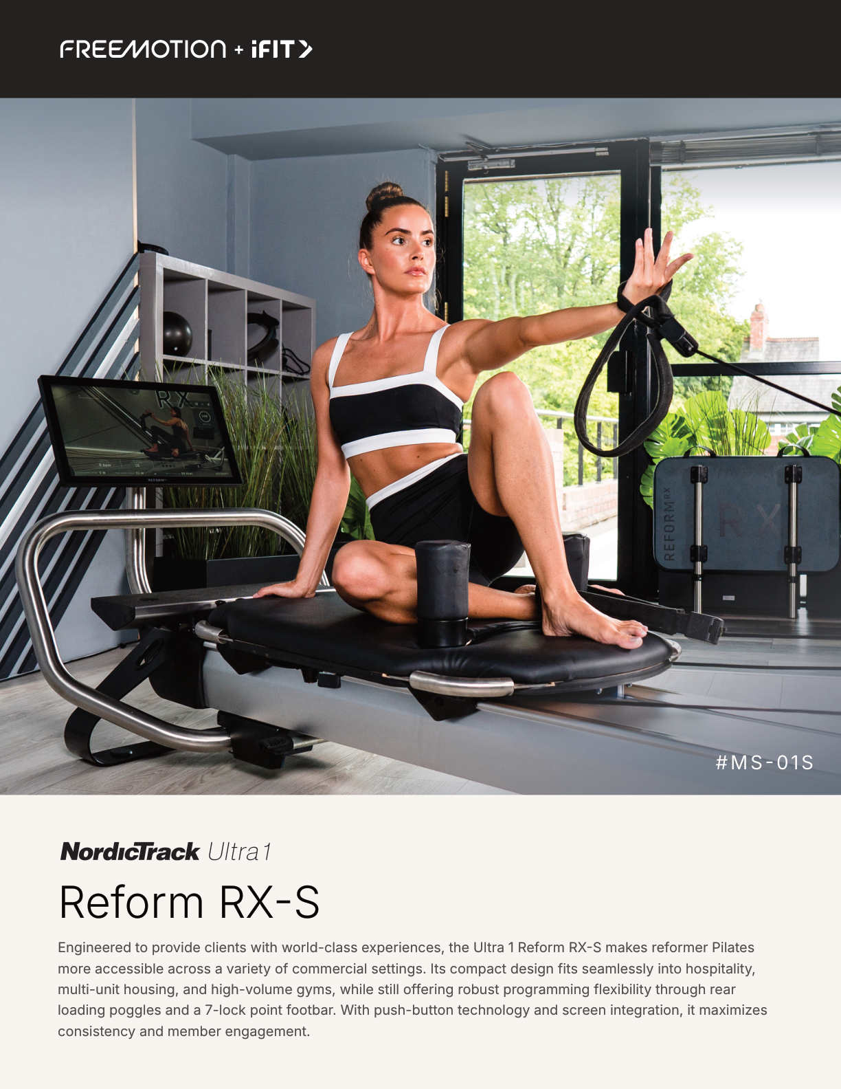 NordicTrack Ultra 1 pilates machine with black frame, seat, and digital display screen