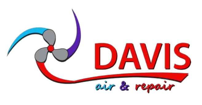 A logo for davis air and repair with a fan on it