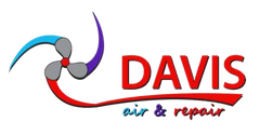 A logo for davis air and repair with a fan on it