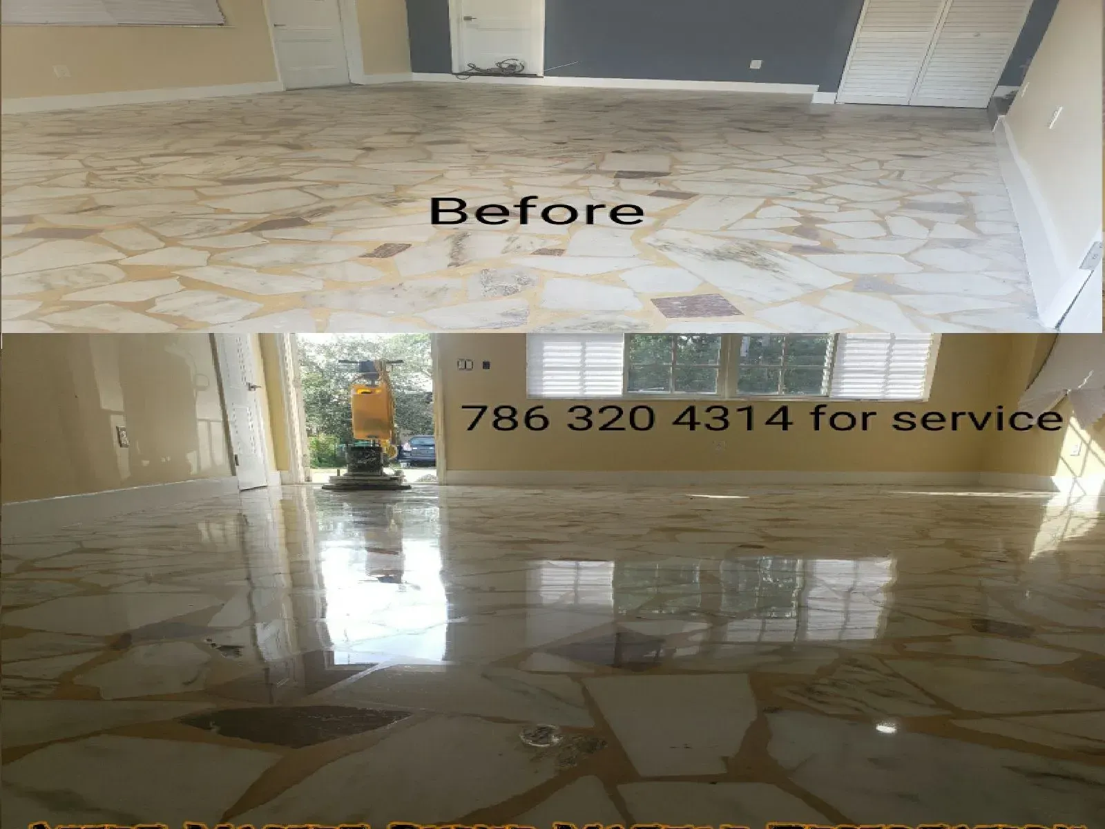 Before-and-after of polished stone floor in a bright interior, with service phone number overlaid.