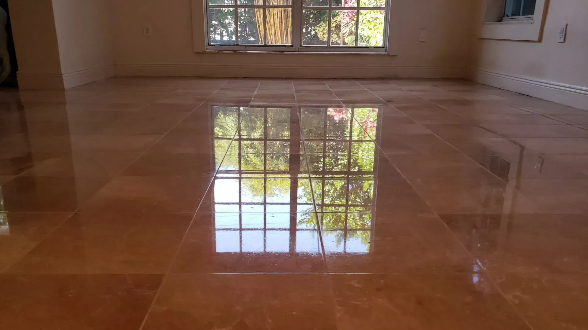 Shiny wooden floor reflecting a window in an empty room with white walls.