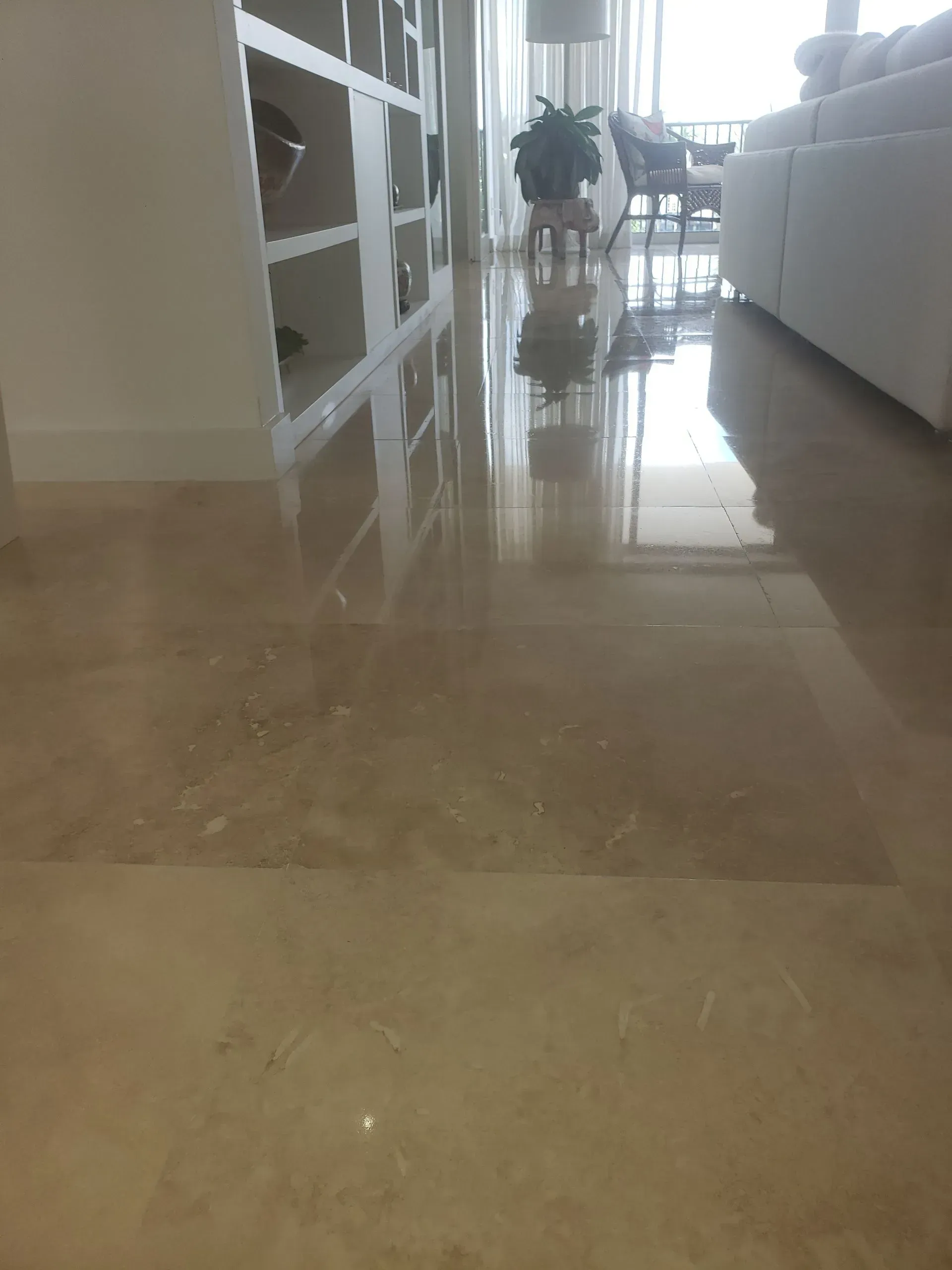 Bright hallway with glossy marble floor, white furniture, and a potted plant in the distance.
