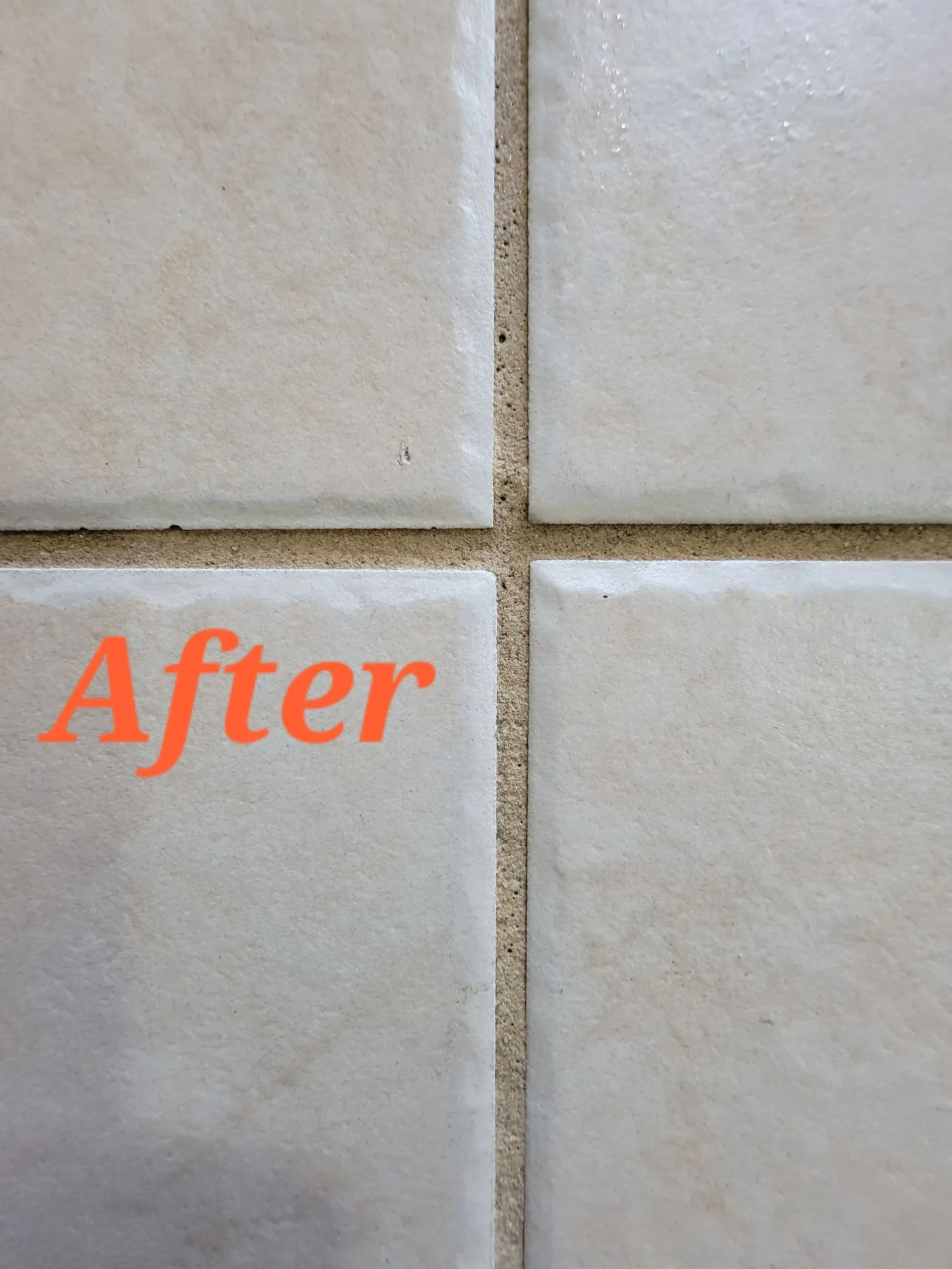 Close-up of beige floor tiles with grout lines and orange “After” text in the lower left.
