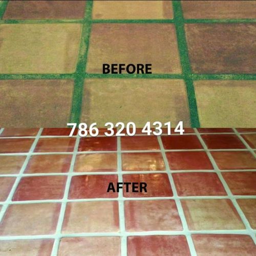 Before and after tiled floor cleaning comparison with green grout lines and phone number 786 320 4314.
